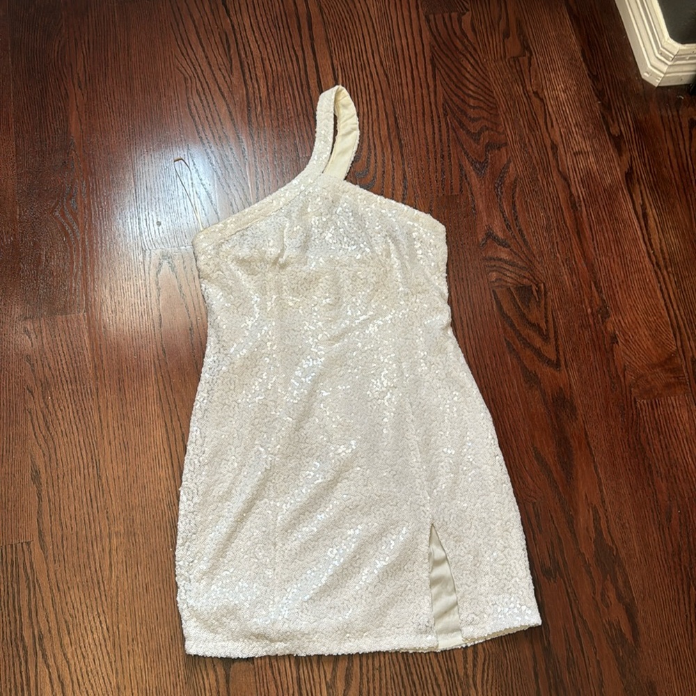 one shoulder white sequin dress